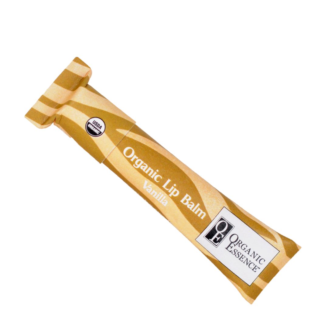 Organic Essence Vanilla certified organic lip balm eco tube cap on USDA certified organic