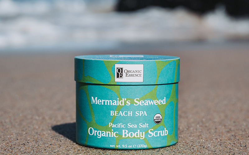 Organic Essence Mermaid's Seaweed Beach Spa organic body scrub on sandy beach